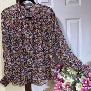torrid Brown Floral Long-Sleeve Peasant Blouse with Pink and Cream Flowers